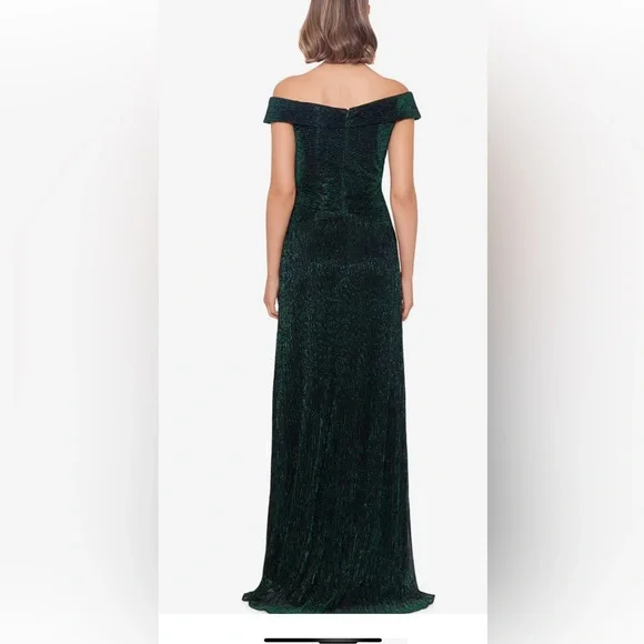 Xscape Off-the-Shoulder Metallic-Knit Gown - Hunter - Size 14